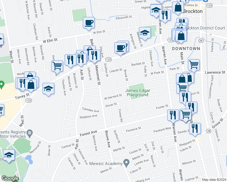 map of restaurants, bars, coffee shops, grocery stores, and more near 220 Winthrop Street in Brockton