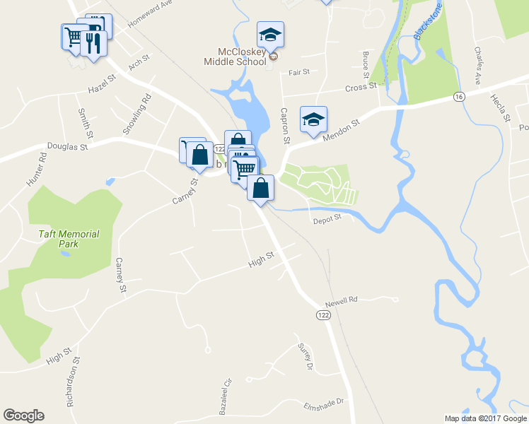 map of restaurants, bars, coffee shops, grocery stores, and more near 32 South Main Street in Uxbridge