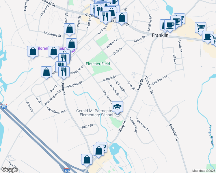 map of restaurants, bars, coffee shops, grocery stores, and more near 26 West Park Street in Franklin