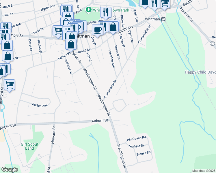 map of restaurants, bars, coffee shops, grocery stores, and more near 52 Commercial Street in Whitman