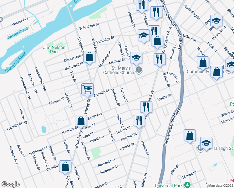 map of restaurants, bars, coffee shops, grocery stores, and more near 511 Jefferson Street in Elmira