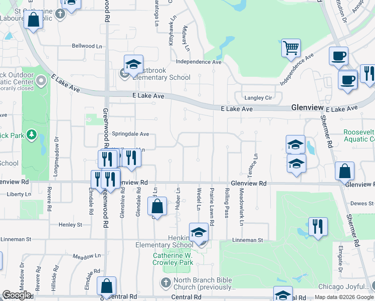 map of restaurants, bars, coffee shops, grocery stores, and more near 1103 Huber Lane in Glenview