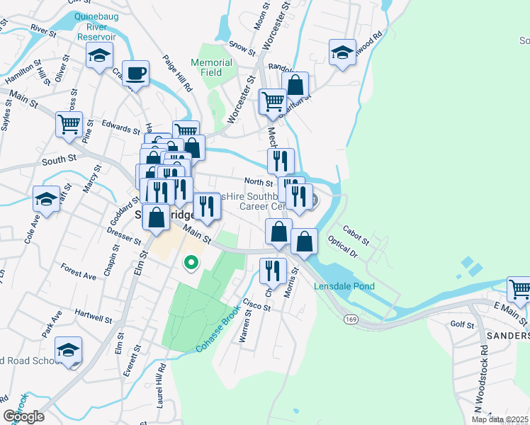 map of restaurants, bars, coffee shops, grocery stores, and more near 59 Crystal Street in Southbridge