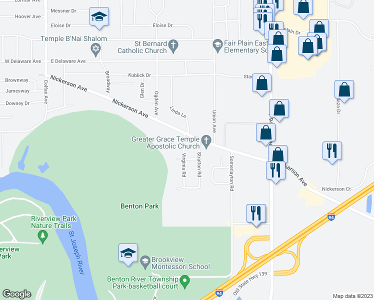 map of restaurants, bars, coffee shops, grocery stores, and more near 2347 Virginia Avenue in Benton Harbor