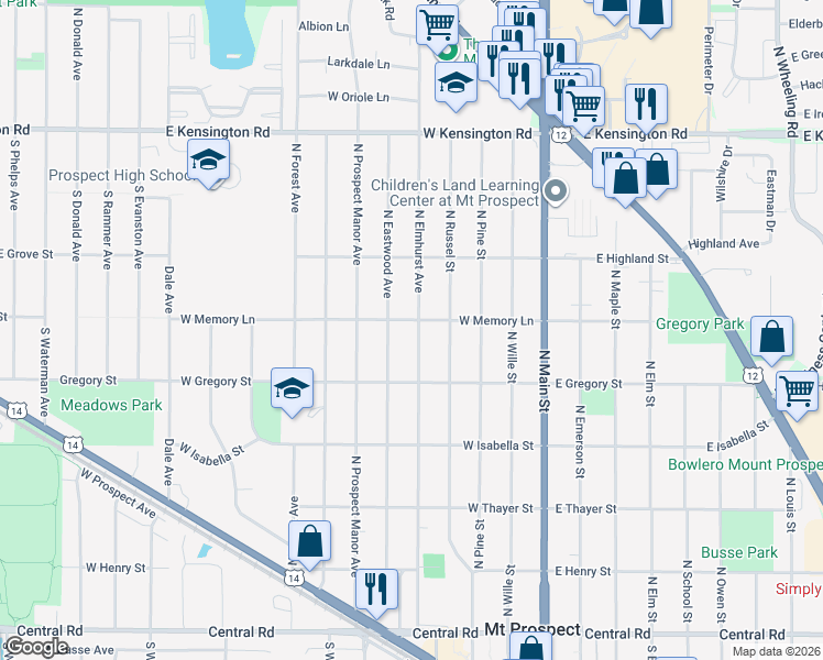 map of restaurants, bars, coffee shops, grocery stores, and more near 418 North Elmhurst Avenue in Mount Prospect