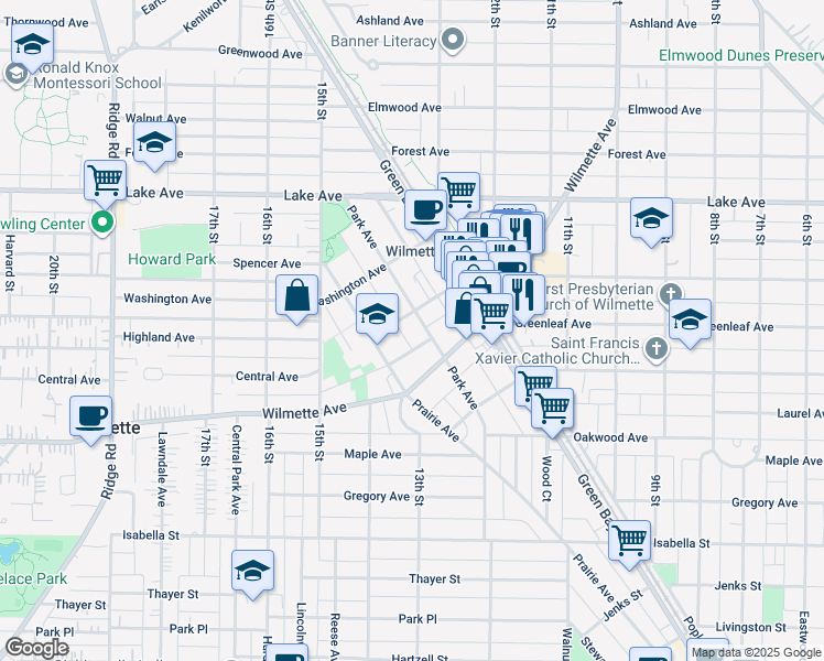 map of restaurants, bars, coffee shops, grocery stores, and more near 633 Park Ave in Wilmette