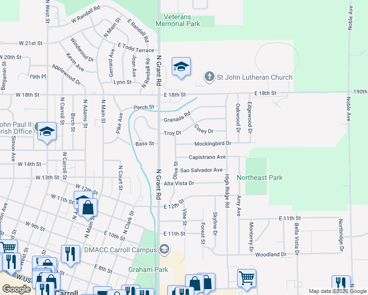 map of restaurants, bars, coffee shops, grocery stores, and more near 614 Mockingbird Drive in Carroll