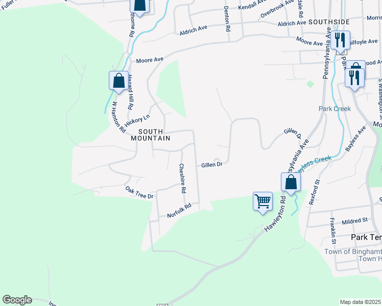 map of restaurants, bars, coffee shops, grocery stores, and more near 116 E Hamton Rd in Binghamton