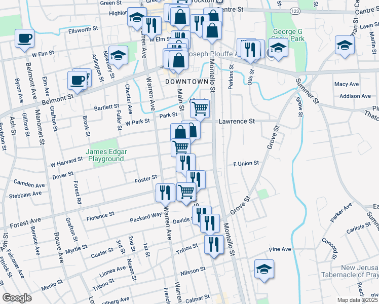 map of restaurants, bars, coffee shops, grocery stores, and more near 512 Main Street in Brockton