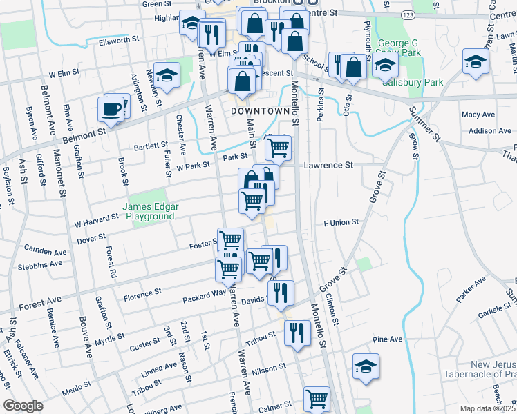 map of restaurants, bars, coffee shops, grocery stores, and more near 4 Dover Street in Brockton