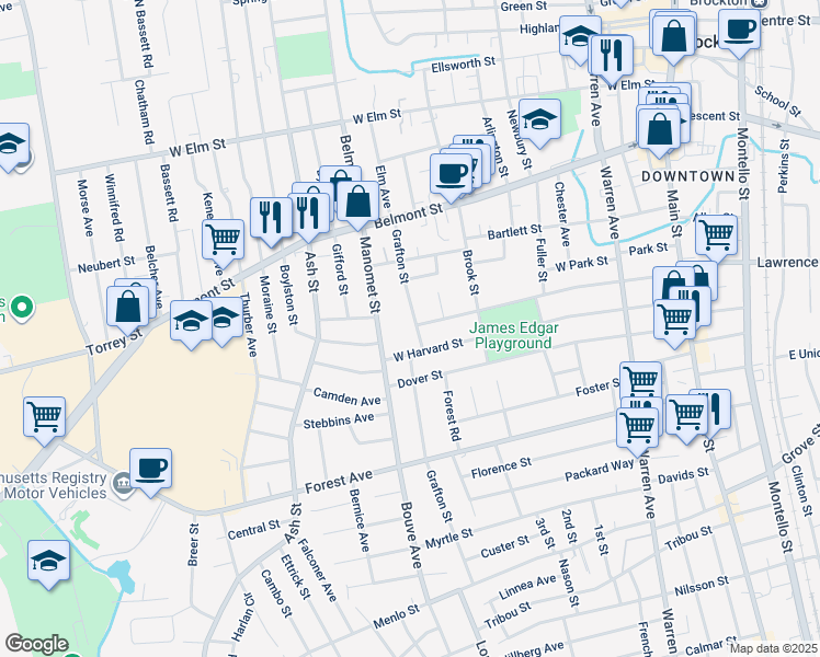 map of restaurants, bars, coffee shops, grocery stores, and more near 220 Winthrop Street in Brockton
