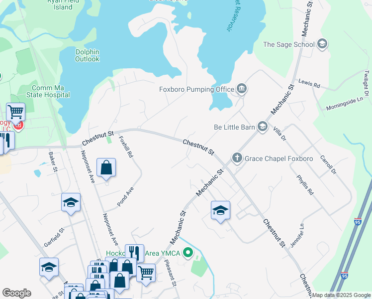 map of restaurants, bars, coffee shops, grocery stores, and more near 97 Chestnut Street in Foxborough
