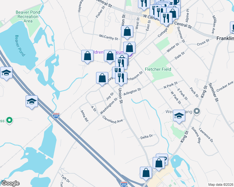 map of restaurants, bars, coffee shops, grocery stores, and more near 10 Joy Street in Franklin