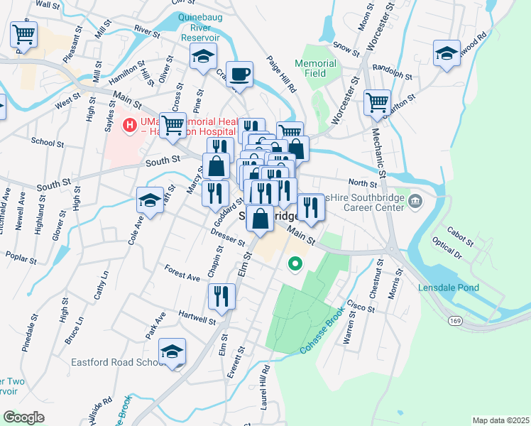 map of restaurants, bars, coffee shops, grocery stores, and more near 295 Main Street in Southbridge