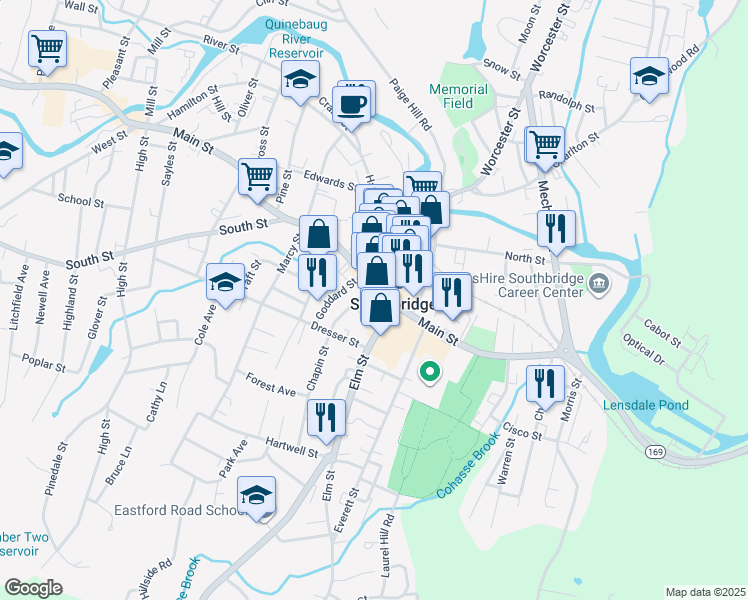 map of restaurants, bars, coffee shops, grocery stores, and more near 295 Main Street in Southbridge