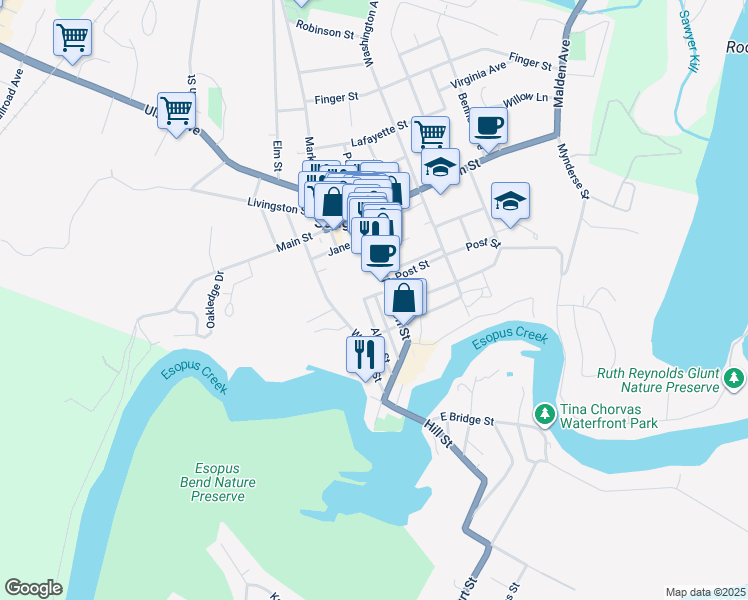 map of restaurants, bars, coffee shops, grocery stores, and more near 210 Partition Street in Saugerties