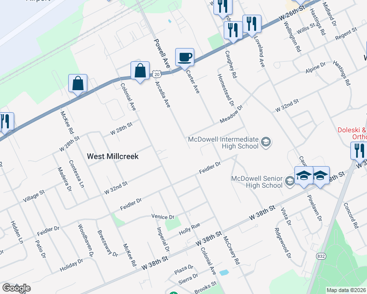 map of restaurants, bars, coffee shops, grocery stores, and more near 3120 Arcadia Ave in Erie