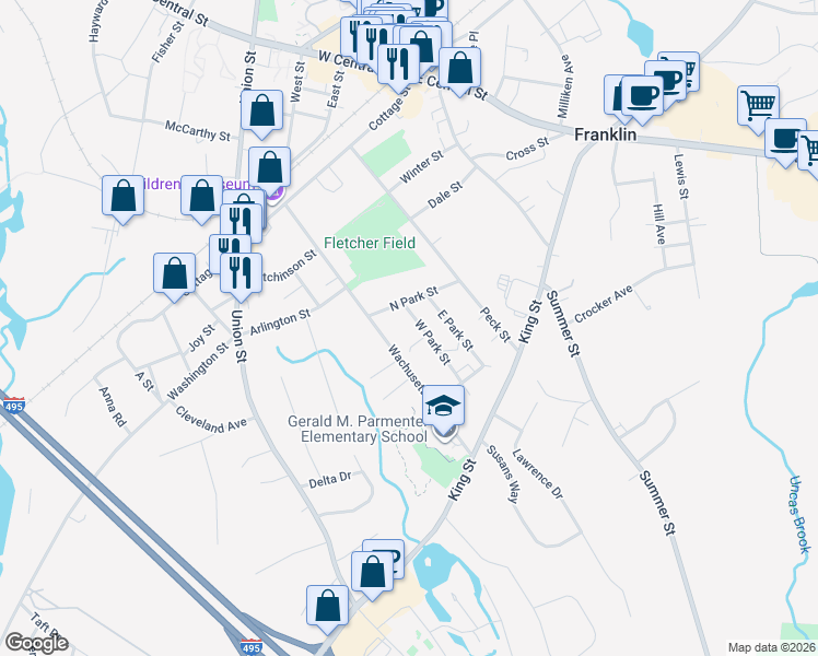 map of restaurants, bars, coffee shops, grocery stores, and more near 26 W Park St in Franklin