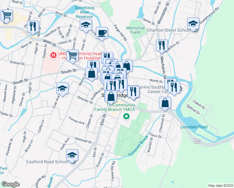 map of restaurants, bars, coffee shops, grocery stores, and more near in Southbridge