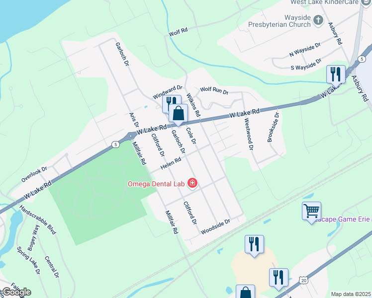 map of restaurants, bars, coffee shops, grocery stores, and more near 1637 Garloch Dr in Erie