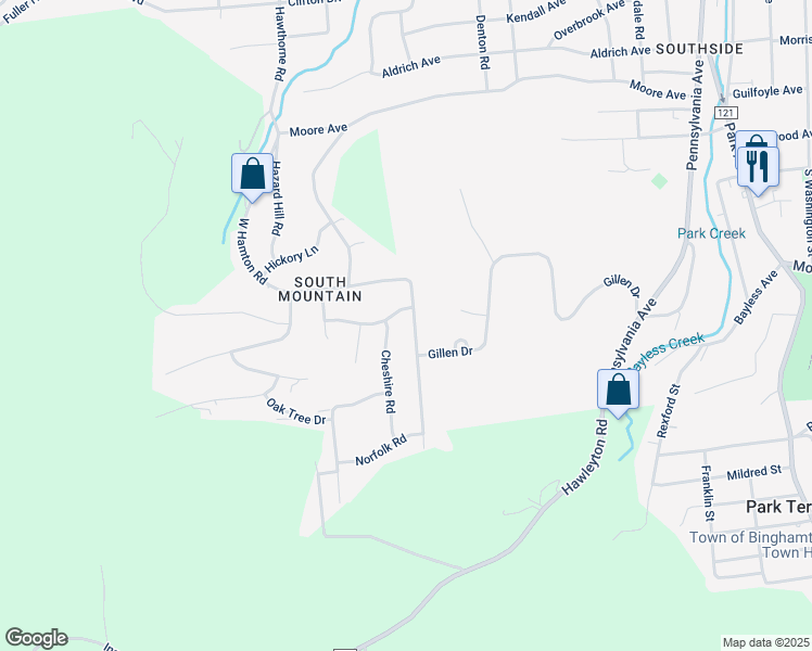 map of restaurants, bars, coffee shops, grocery stores, and more near 116 East Hamton Road in Binghamton