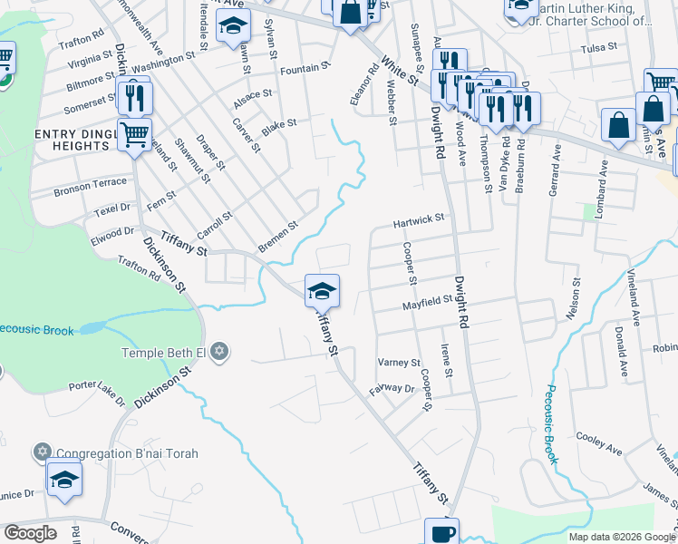map of restaurants, bars, coffee shops, grocery stores, and more near 134 Entrybrook Drive in Springfield