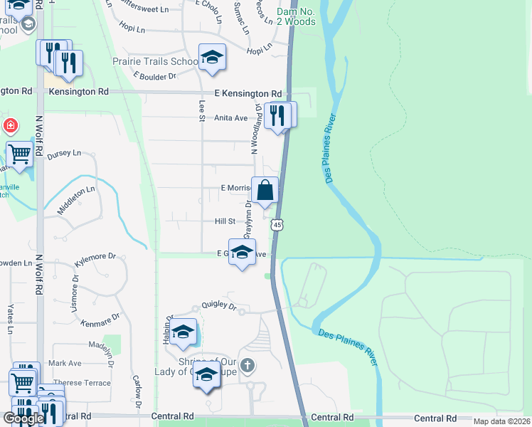 map of restaurants, bars, coffee shops, grocery stores, and more near 420 North River Road in Mount Prospect