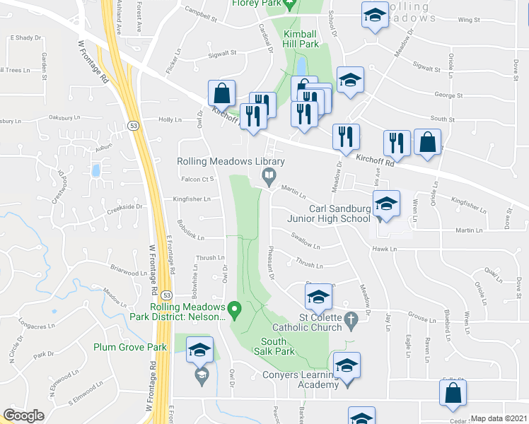 map of restaurants, bars, coffee shops, grocery stores, and more near 3307 Pheasant Drive in Rolling Meadows