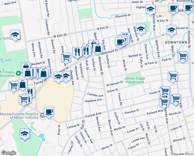 map of restaurants, bars, coffee shops, grocery stores, and more near 20 Winona Street in Brockton
