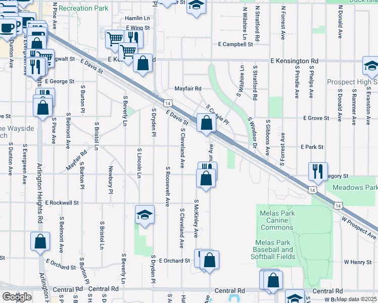 map of restaurants, bars, coffee shops, grocery stores, and more near 505 South Cleveland Avenue in Arlington Heights