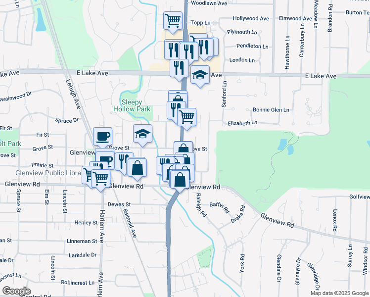 map of restaurants, bars, coffee shops, grocery stores, and more near 1680 Grove Street in Glenview