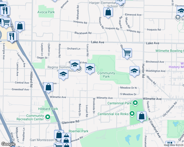 map of restaurants, bars, coffee shops, grocery stores, and more near 620 Locust Road in Wilmette