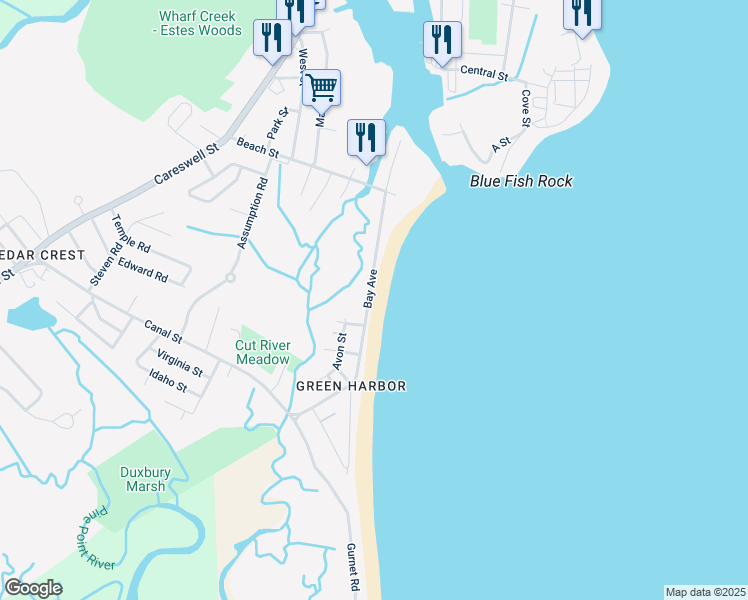 map of restaurants, bars, coffee shops, grocery stores, and more near 90 Bay Avenue in Marshfield