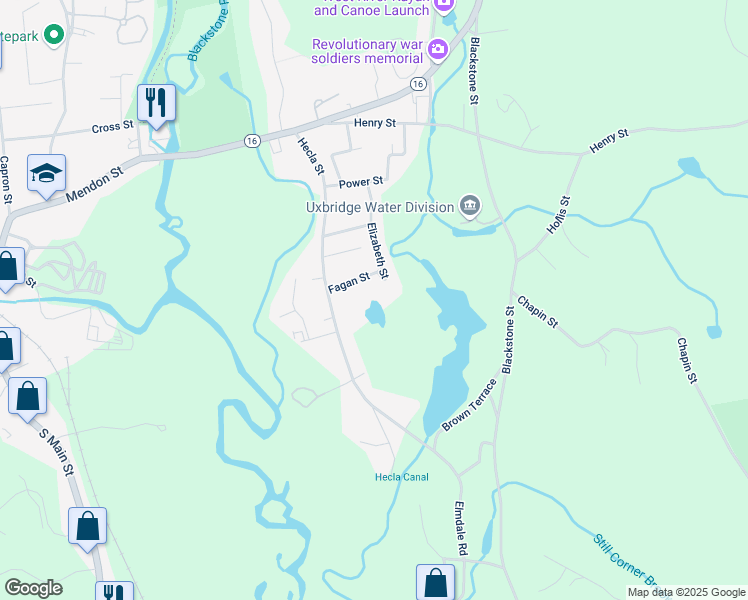 map of restaurants, bars, coffee shops, grocery stores, and more near 41 Fagan Street in Uxbridge