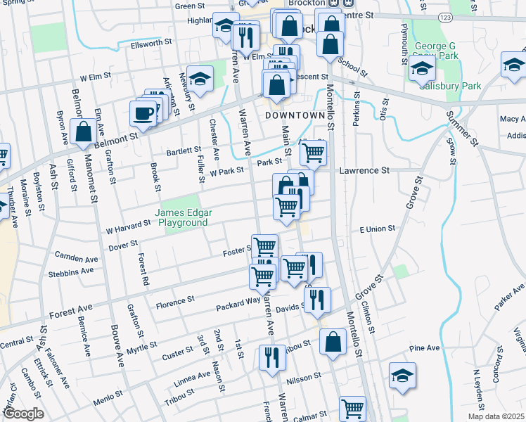 map of restaurants, bars, coffee shops, grocery stores, and more near 59 Dover Street in Brockton