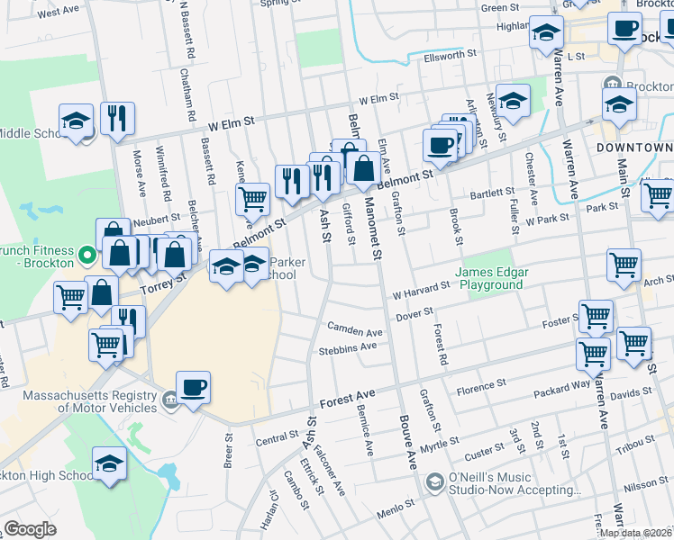 map of restaurants, bars, coffee shops, grocery stores, and more near 395 Ash Street in Brockton