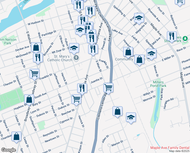 map of restaurants, bars, coffee shops, grocery stores, and more near 217 South Ave in Elmira