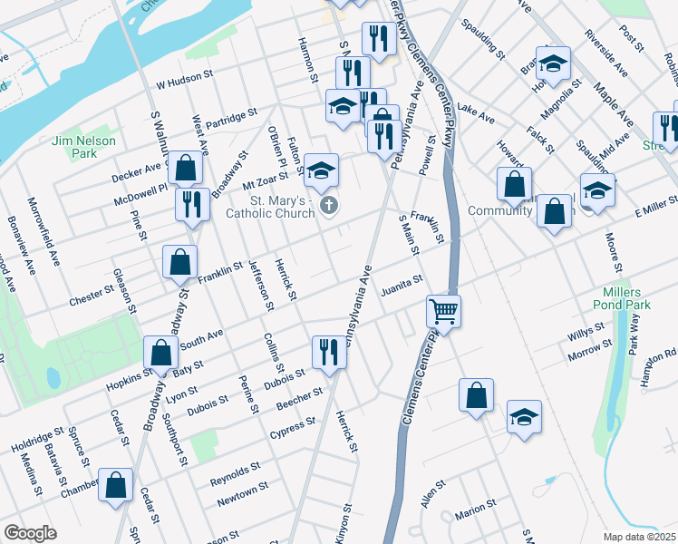 map of restaurants, bars, coffee shops, grocery stores, and more near 306 South Avenue in Elmira
