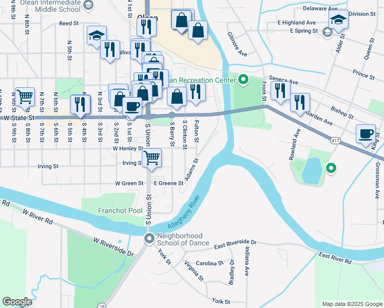 map of restaurants, bars, coffee shops, grocery stores, and more near 204 Fulton Street in Olean
