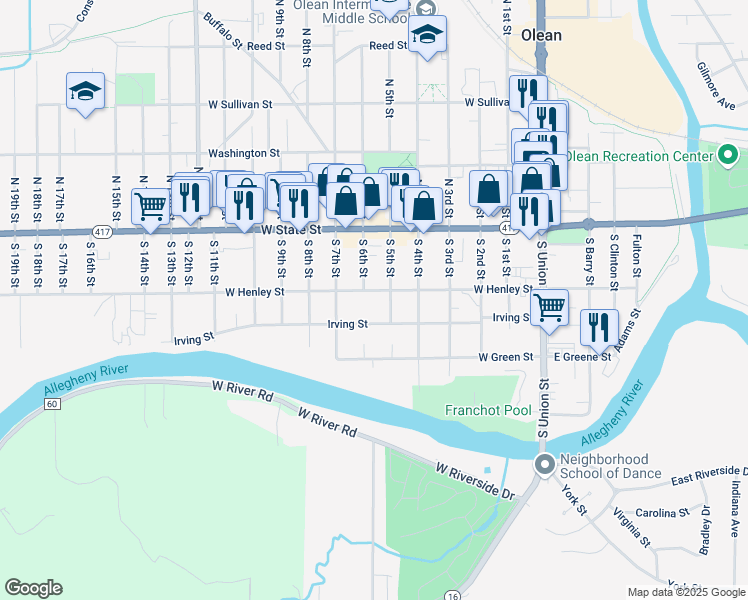 map of restaurants, bars, coffee shops, grocery stores, and more near 208 South 5th Street in Olean
