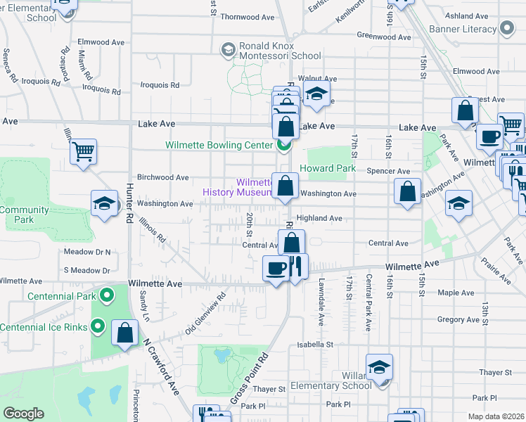 map of restaurants, bars, coffee shops, grocery stores, and more near 1936 Highland Avenue in Wilmette