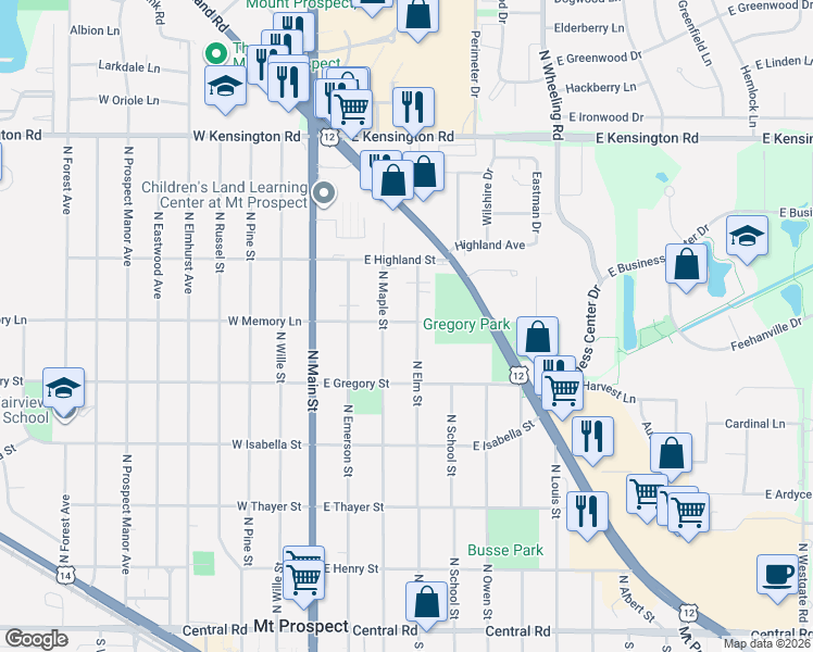 map of restaurants, bars, coffee shops, grocery stores, and more near 420 North Elm Street in Mount Prospect