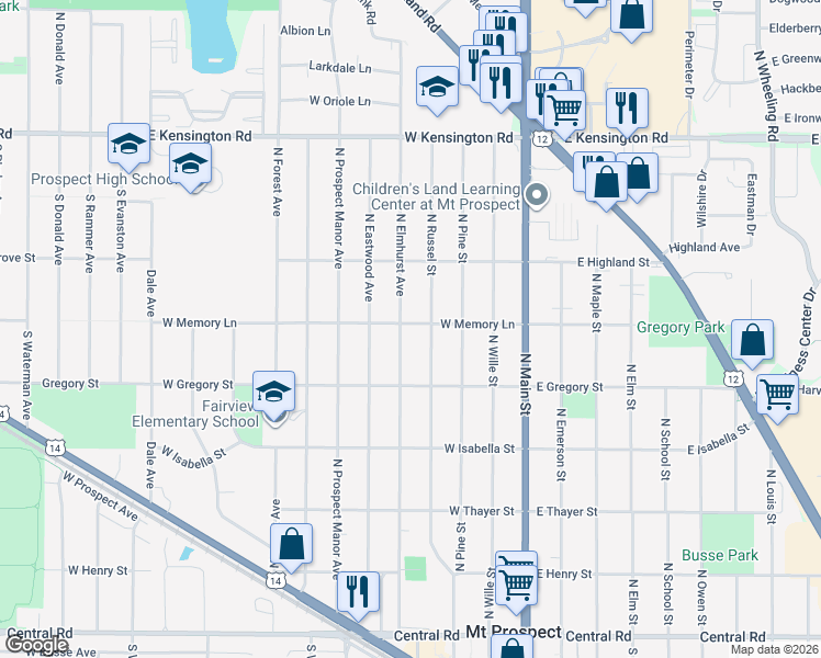 map of restaurants, bars, coffee shops, grocery stores, and more near 418 North Elmhurst Avenue in Mount Prospect