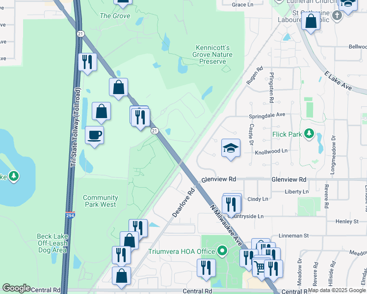map of restaurants, bars, coffee shops, grocery stores, and more near 1018 Castilian Court in Glenview