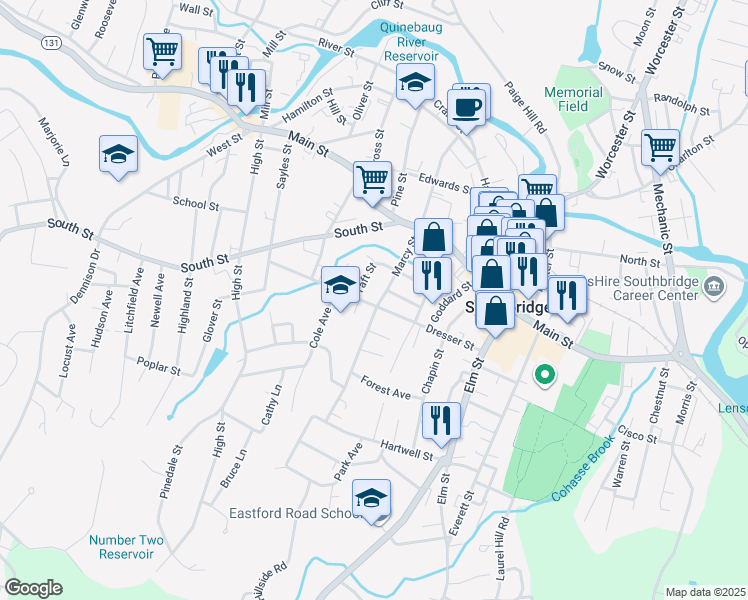 map of restaurants, bars, coffee shops, grocery stores, and more near 172 Marcy Street in Southbridge
