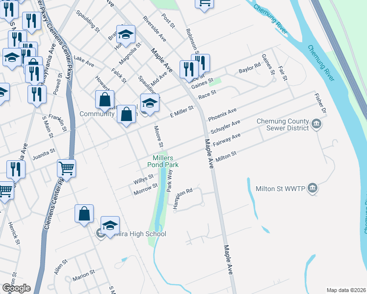 map of restaurants, bars, coffee shops, grocery stores, and more near 303 Fairway Avenue in Elmira