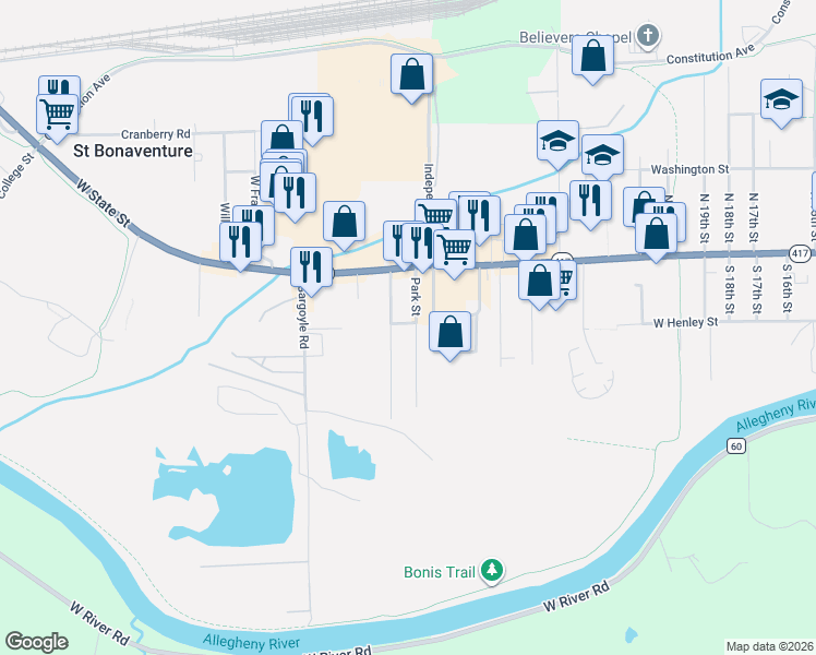 map of restaurants, bars, coffee shops, grocery stores, and more near 1725 Park Street in Olean