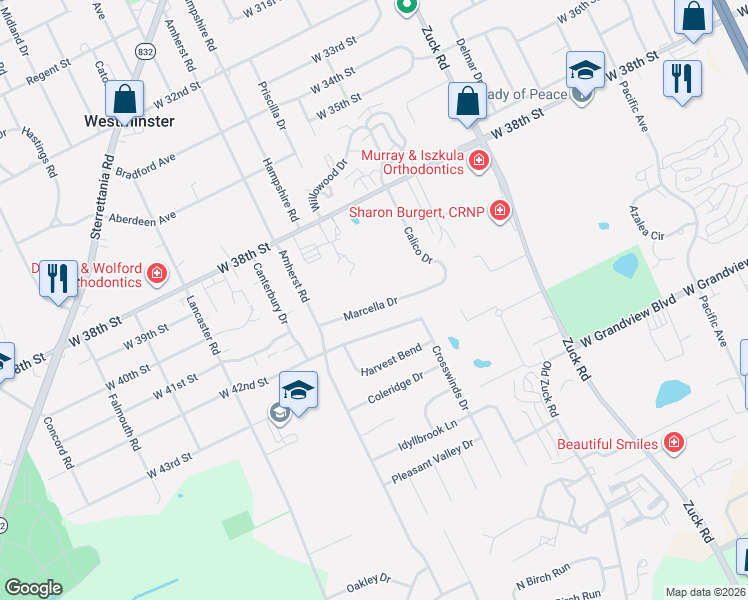 map of restaurants, bars, coffee shops, grocery stores, and more near 2939 Marcella Drive in Erie