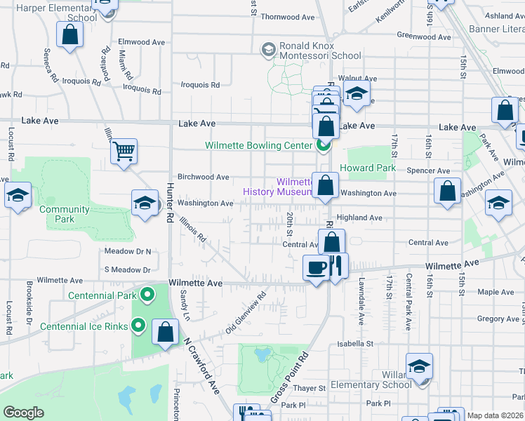 map of restaurants, bars, coffee shops, grocery stores, and more near 2018 Highland Avenue in Wilmette
