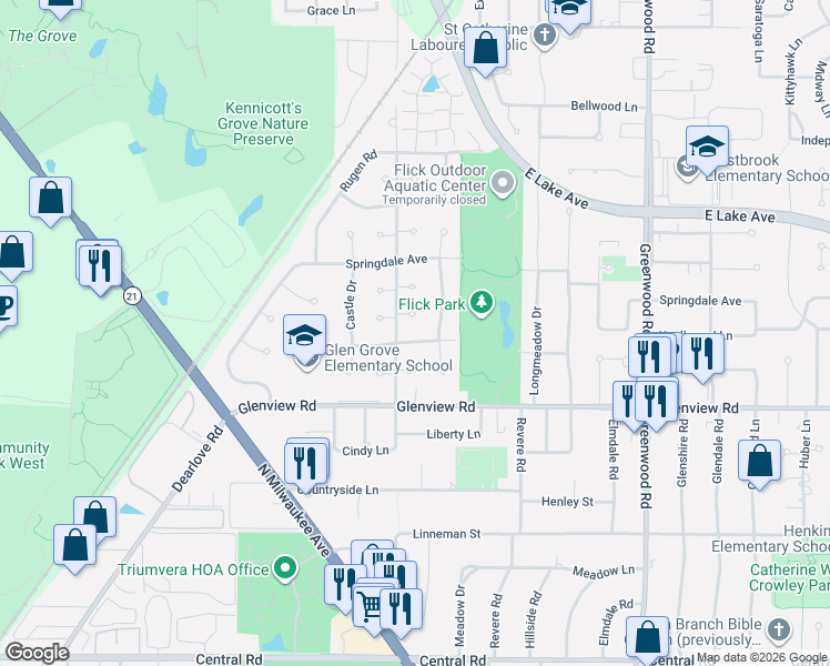 map of restaurants, bars, coffee shops, grocery stores, and more near 3774 Knollwood Lane in Glenview